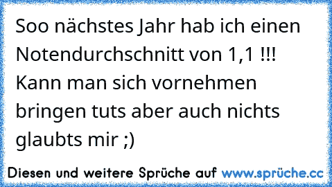 Soo nächstes Jahr hab ich einen Notendurchschnitt von 1,1 !!! 
Kann man sich vornehmen bringen tuts aber auch nichts glaubts mir ;)