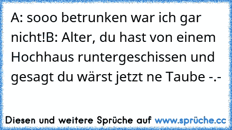 A: sooo betrunken war ich gar nicht!
B: Alter, du hast von einem Hochhaus runtergeschissen und gesagt du wärst jetzt ne Taube -.-