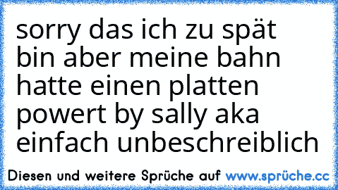 sorry das ich zu spät bin aber meine bahn hatte einen platten powert by sally aka einfach unbeschreiblich