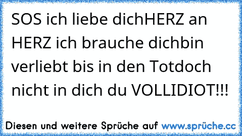 SOS ich liebe dich
HERZ an HERZ ich brauche dich
bin verliebt bis in den Tot
doch nicht in dich du VOLLIDIOT!!!