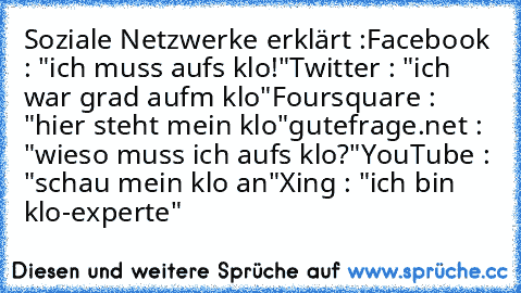 Soziale Netzwerke erklärt :
Facebook : "ich muss aufs klo!"
Twitter : "ich war grad aufm klo"
Foursquare : "hier steht mein klo"
gutefrage.net : "wieso muss ich aufs klo?"
YouTube : "schau mein klo an"
Xing : "ich bin klo-experte"