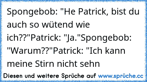 Spongebob: "He Patrick, bist du auch so wütend wie ich??"
Patrick: "Ja."
Spongebob: "Warum??"
Patrick: "Ich kann meine Stirn nicht sehn