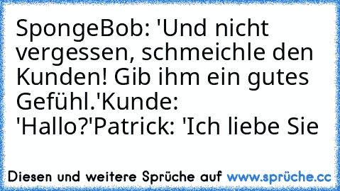 SpongeBob: 'Und nicht vergessen, schmeichle den Kunden! Gib ihm ein gutes Gefühl.'
Kunde: 'Hallo?'
Patrick: 'Ich liebe Sie