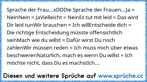 Sprache der Frau...xDD
Die Sprache der Frauen...
Ja = Nein
Nein = Ja
Vielleicht = Nein
Es tut mit leid = Das wird Dir leid tun
Wir brauchen = Ich will
Entscheide dich = Die richtige Entscheidung müsste offensichtlich sein
Mach wie du willst = Dafür wirst Du noch zahlen
Wir müssen reden = Ich muss mich über etwas beschweren
Natürlich, mach es wenn Du willst = Ich möchte nicht, dass Du es machst
Ich...