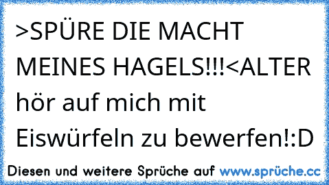 >SPÜRE DIE MACHT MEINES HAGELS!!!<
ALTER hör auf mich mit Eiswürfeln zu bewerfen!
:D