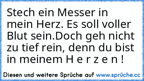 Stech ein Messer in mein Herz. Es soll voller Blut sein.
Doch geh nicht zu tief rein, denn du bist in meinem H e r z e n !