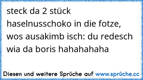 steck da 2 stück haselnusschoko in die fotze, wos ausakimb isch: du redesch wia da boris hahahahaha