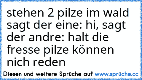 stehen 2 pilze im wald sagt der eine: hi, sagt der andre: halt die fresse pilze können nich reden