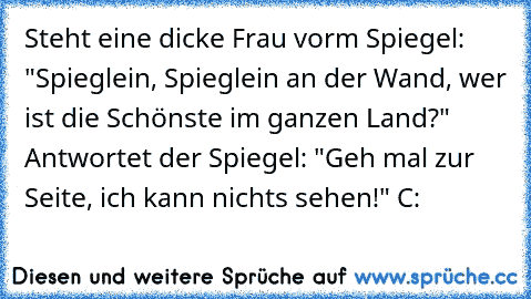 Steht eine dicke Frau vorm Spiegel: "Spieglein, Spieglein an der Wand, wer ist die Schönste im ganzen Land?" Antwortet der Spiegel: "Geh mal zur Seite, ich kann nichts sehen!" C: