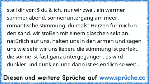 stell dir vor :$ du & ich. nur wir zwei. ein warmer sommer abend. sonnenuntergang am meer. romantische stimmung. du malst Herzen für mich in den sand. wir stoßen mit einem gläschen sekt an. natürlich auf uns. halten uns in den armen und sagen uns wie sehr wir uns lieben. die stimmung ist perfekt. die sonne ist fast ganz untergegangen. es wird dunkler und dunkler. und dann ist es endlich so weit...