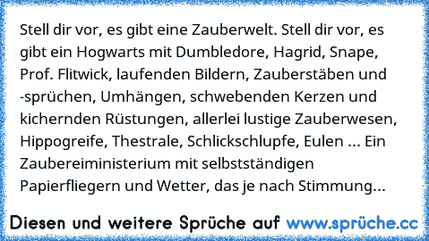 Stell dir vor, es gibt eine Zauberwelt. Stell dir vor, es gibt ein Hogwarts mit Dumbledore, Hagrid, Snape, Prof. Flitwick, laufenden Bildern, Zauberstäben und -sprüchen, Umhängen, schwebenden Kerzen und kichernden Rüstungen, allerlei lustige Zauberwesen, Hippogreife, Thestrale, Schlickschlupfe, Eulen ... Ein Zaubereiministerium mit selbstständigen Papierfliegern und Wetter, das je nach Stimmung...