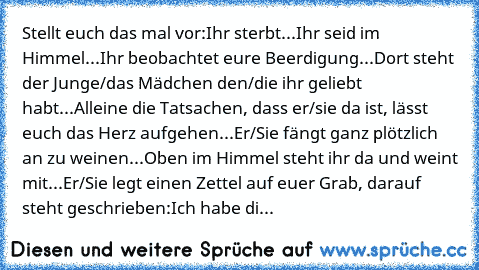 Stellt euch das mal vor:
Ihr sterbt...
Ihr seid im Himmel...
Ihr beobachtet eure Beerdigung...
Dort steht der Junge/das Mädchen den/die ihr geliebt habt...
Alleine die Tatsachen, dass er/sie da ist, lässt euch das Herz aufgehen...
Er/Sie fängt ganz plötzlich an zu weinen...
Oben im Himmel steht ihr da und weint mit...
Er/Sie legt einen Zettel auf euer Grab, darauf steht geschrieben:
Ich habe di...