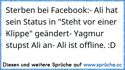 Sterben bei Facebook:
- Ali hat sein Status in "Steht vor einer Klippe" geändert
- Yagmur stupst Ali an
- Ali ist offline. :D