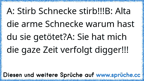 A: Stirb Schnecke stirb!!!
B: Alta die arme Schnecke warum hast du sie getötet?
A: Sie hat mich die gaze Zeit verfolgt digger!!!