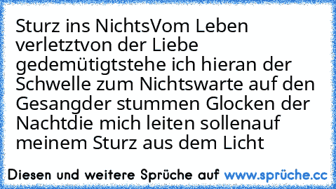 Sturz ins Nichts
Vom Leben verletzt
von der Liebe gedemütigt
stehe ich hier
an der Schwelle zum Nichts
warte auf den Gesang
der stummen Glocken der Nacht
die mich leiten sollen
auf meinem Sturz aus dem Licht