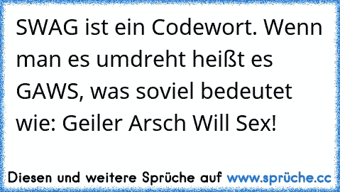 SWAG ist ein Codewort. Wenn man es umdreht heißt es GAWS, was soviel bedeutet wie: Geiler Arsch Will Sex!