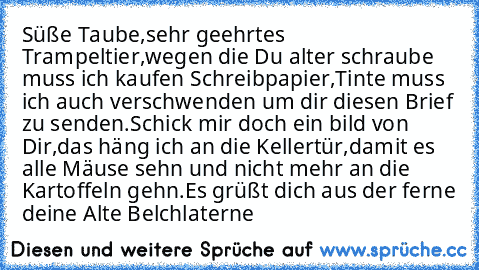 Süße Taube,
sehr geehrtes Trampeltier,
wegen die Du alter schraube muss ich kaufen Schreibpapier,
Tinte muss ich auch verschwenden um dir diesen Brief zu senden.
Schick mir doch ein bild von Dir,
das häng ich an die Kellertür,damit es alle Mäuse sehn und nicht mehr an die Kartoffeln gehn.
Es grüßt dich aus der ferne deine Alte Belchlaterne