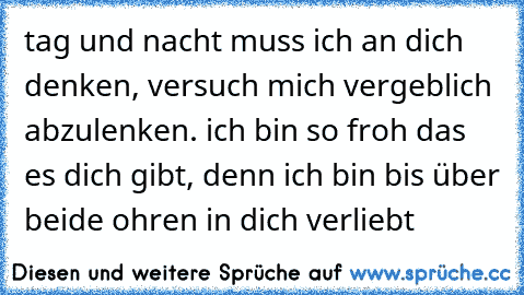 tag und nacht muss ich an dich denken, versuch mich vergeblich abzulenken. ich bin so froh das es dich gibt, denn ich bin bis über beide ohren in dich verliebt