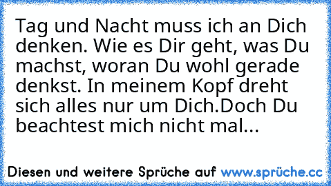 Tag und Nacht muss ich an Dich denken. Wie es Dir geht, was Du machst, woran Du wohl gerade denkst. In meinem Kopf dreht sich alles nur um Dich.
Doch Du beachtest mich nicht mal...