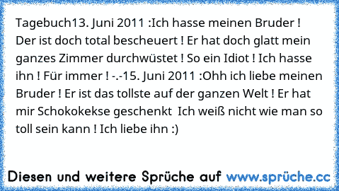 Tagebuch
13. Juni 2011 :
Ich hasse meinen Bruder ! Der ist doch total bescheuert ! Er hat doch glatt mein ganzes Zimmer durchwüstet ! So ein Idiot ! Ich hasse ihn ! Für immer ! -.-
15. Juni 2011 :
Ohh ich liebe meinen Bruder ! Er ist das tollste auf der ganzen Welt ! Er hat mir Schokokekse geschenkt ♥ Ich weiß nicht wie man so toll sein kann ! Ich liebe ihn :)