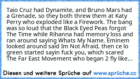 Taio Cruz had Dynamite,﻿ and Bruno Mars had a Grenade, so﻿ they both threw them﻿ at Katy Perry who exploded﻿ like a﻿ Firework. The bang was so loud﻿ that the Black Eyed Peas forgot The Time﻿ while Rihanna had memory loss and ran around﻿ saying Whats My﻿ Name. Eminem﻿ looked around said Im﻿ Not Afraid, then﻿ ce lo green started sayin fuck you, which scared The Far East Movement who began 2 fly l...