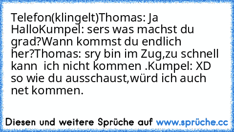 Telefon(klingelt)
Thomas: Ja Hallo
Kumpel: sers was machst du grad?Wann kommst du endlich her?
Thomas: sry bin im Zug,zu schnell kann  ich nicht kommen .
Kumpel: XD so wie du ausschaust,würd ich auch net kommen.