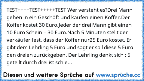 TEST++++TEST+++++TEST 
Wer versteht es?
Drei Mann gehen in ein Geschäft und kaufen einen Koffer.
Der Koffer kostet 30 Euro.
Jeder der drei Mann gibt einen 10 Euro Schein = 30 Euro.
Nach 5 Minuten stellt der verkäufer fest, dass der Koffer nur
25 Euro kostet. Er gibt dem Lehrling 5 Euro und sagt er soll diese 5 Euro den dreien zurückgeben. Der Lehrling denkt sich : 5 geteilt durch drei ist schlecht...