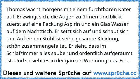 Thomas wacht morgens mit einem furchtbaren Kater auf. Er zwingt sich, die Augen zu öffnen und blickt zuerst auf eine Packung Aspirin und ein Glas Wasser auf dem Nachttisch. Er setzt sich auf und schaut sich um. Auf einem Stuhl ist seine gesamte Kleidung, schön zusammengefaltet. Er sieht, dass im Schlafzimmer alles sauber und ordentlich aufgeräumt ist. Und so sieht es in der ganzen Wohnung aus. ...