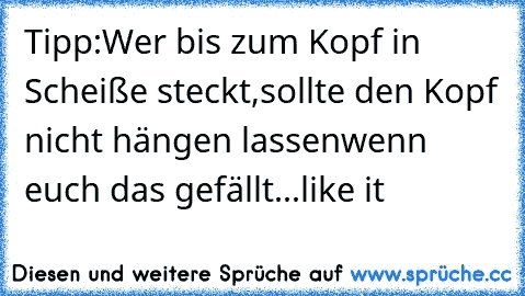 Tipp:
Wer bis zum Kopf in Scheiße steckt,
sollte den Kopf nicht hängen lassen
wenn euch das gefällt...like it