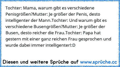 Tochter: Mama, warum gibt es verschiedene Penisgrößen?
Mutter: Je größer der Penis, desto intelligenter der Mann.
Tochter: Und warum gibt es verschiedene Busengrößen?
Mutter: Je größer der Busen, desto reicher die Frau.
Tochter: Papa hat gestern mit einer ganz reichen Frau gesprochen und wurde dabei immer intelligenter!
:D