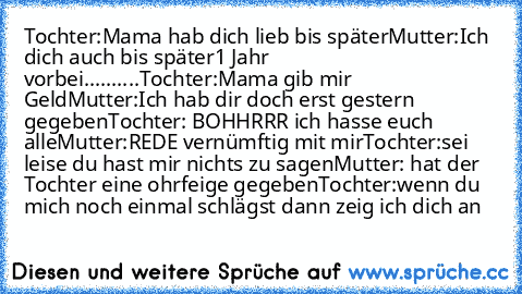 Tochter:Mama hab dich lieb bis später
Mutter:Ich dich auch bis später
1 Jahr vorbei..........
Tochter:Mama gib mir Geld
Mutter:Ich hab dir doch erst gestern gegeben
Tochter: BOHHRRR ich hasse euch alle
Mutter:REDE vernümftig mit mir
Tochter:sei leise du hast mir nichts zu sagen
Mutter: hat der Tochter eine ohrfeige gegeben
Tochter:wenn du mich noch einmal schlägst dann zeig ich dich an