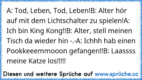 A: Tod, Leben, Tod, Leben!
B: Alter hör auf mit dem Lichtschalter zu spielen!
A: Ich bin King Kong!!
B: Alter, stell meinen Tisch da wieder hin -.-
A: Ichhh hab einen Pookkeeemmooon gefangen!!
B: Laassss meine Katze los!!!!!