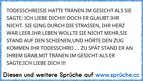 TODESSCHREI
SIE HATTE TRÄNEN IM GESICHT ALS SIE SAGTE: ICH LIEBE DICH!!! DOCH ER GLAUBT IHR NICHT. SIE GING DURCH DIE STRASSEN, IHR HERZ WAR LEER.
IHR LEBEN WOLLTE SIE NICHT MEHR.
SIE STAND AUF DEN SCHIENEN,UND HÖRTE DEN ZUG KOMMEN IHR TODESSCHREI ... ZU SPÄT STAND ER AN IHREM GRAB,MIT TRÄNEN IM GESICHT ALS ER SAGTE:ICH LIEBE DICH !!!