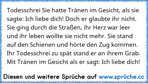 Todesschrei Sie hatte Tränen im Gesicht, als sie sagte: „Ich liebe dich!” Doch er glaubte ihr nicht. Sie ging durch die Straßen, ihr Herz war leer und ihr leben wollte sie nicht mehr. Sie stand auf den Schienen und hörte den Zug kommen. „Ihr Todesschrei” zu spät stand er an ihrem Grab. Mit Tränen im Gesicht als er sagt: „Ich liebe dich!”