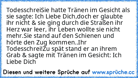 Todesschrei
Sie hatte Tränen im Gesicht als sie sagte: Ich Liebe Dich,
doch er glaubte ihr nicht & sie ging durch die Straßen ihr Herz war leer, ihr Leben wollte sie nicht mehr.
Sie stand auf den Schienen und hörte den Zug kommen..
Ihr Todesschrei!
Zu spät stand er an ihrem Grab & sagte mit Tränen im Gesicht: Ich Liebe Dich♥