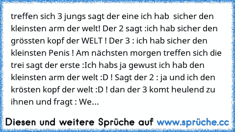 treffen sich 3 jungs sagt der eine ich hab  sicher den kleinsten arm der welt! Der 2 sagt :ich hab sicher den grössten kopf der WELT ! Der 3 : ich hab sicher den kleinsten Penis ! Am nächsten morgen treffen sich die trei sagt der erste :Ich habs ja gewust ich hab den kleinsten arm der welt :D ! Sagt der 2 : ja und ich den krösten kopf der welt :D ! dan der 3 komt heulend zu ihnen und fragt : We...