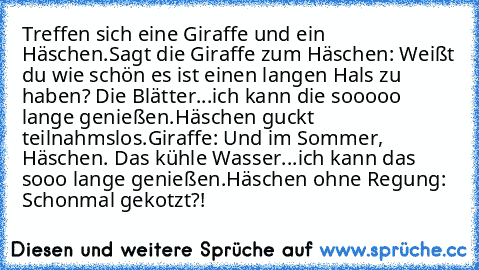 Treffen sich eine Giraffe und ein Häschen.
Sagt die Giraffe zum Häschen: Weißt du wie schön es ist einen langen Hals zu haben? Die Blätter...ich kann die sooooo lange genießen.
Häschen guckt teilnahmslos.
Giraffe: Und im Sommer, Häschen. Das kühle Wasser...ich kann das sooo lange genießen.
Häschen ohne Regung: Schonmal gekotzt?!