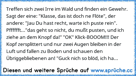 Treffen sich zwei Irre im Wald und finden ein Gewehr. Sagt der eine: "Klasse, das ist doch ne Flöte", der andere: "Jau Du hast recht, warte ich puste rein". Pfffffft..."das geht so nicht, du mußt pusten, und ich ziehe an dem Knopf da!" "OK" Klick-BOOOM!!! Der Kopf zersplittert und nur zwei Augen bleiben in der Luft und fallen zu Boden und schauen den Übriggebliebenen an! "Guck nich so blöd, ich...