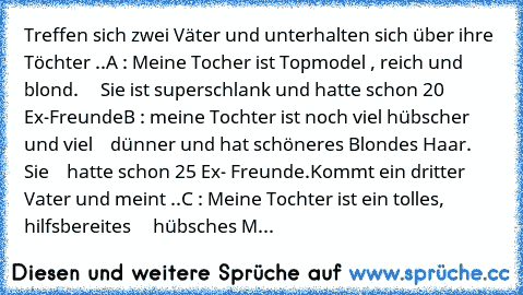 Treffen sich zwei Väter und unterhalten sich über ihre Töchter ..
A : Meine Tocher ist Topmodel , reich und blond.
     Sie ist superschlank und hatte schon 20 Ex-Freunde
B : meine Tochter ist noch viel hübscher und viel
    dünner und hat schöneres Blondes Haar. Sie
    hatte schon 25 Ex- Freunde.
Kommt ein dritter Vater und meint ..
C : Meine Tochter ist ein tolles, hilfsbereites
     hübsche...