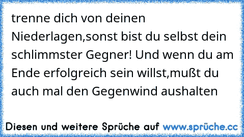 trenne dich von deinen Niederlagen,sonst bist du selbst dein schlimmster Gegner! Und wenn du am Ende erfolgreich sein willst,mußt du auch mal den Gegenwind aushalten