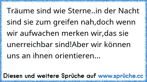 Träume sind wie Sterne..
in der Nacht sind sie zum greifen nah,
doch wenn wir aufwachen merken wir,
das sie unerreichbar sind!
Aber wir können uns an ihnen orientieren...