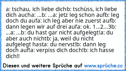 a: tschau, ich liebe dich
b: tschüss, ich liebe dich auch
a: ...
b: ...
a: jetz leg schon auf
b: leg doch du auf
a: ich leg aber nie zuerst auf
b: dann legen wir auf drei auf
a: ok. 1...2...3
b: ...
a: ...
b: du hast gar nicht aufgelegt!
a: du aber auch nicht
b: ja, weil du nicht aufgelegt hast
a: du nervst!
b: dann leg doch auf!
a: verpiss dich doch!
b: ich hasse dich!!