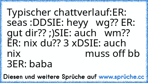 Typischer chattverlauf:
ER: seas :DD
SIE: heyy   wg?? ♥
ER: gut dir?? ;)
SIE: auch   wm?? ♥
ER: nix du?? ♥3 xD
SIE: auch nix                         
muss off bb ♥3
ER: baba