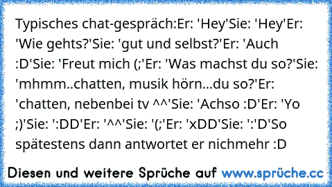 Typisches chat-gespräch:
Er: 'Hey'
Sie: 'Hey'
Er: 'Wie gehts?'
Sie: 'gut und selbst?'
Er: 'Auch :D'
Sie: 'Freut mich (;'
Er: 'Was machst du so?'
Sie: 'mhmm..chatten, musik hörn...du so?'
Er: 'chatten, nebenbei tv ^^'
Sie: 'Achso :D'
Er: 'Yo ;)'
Sie: ':DD'
Er: '^^'
Sie: '(;'
Er: 'xDD'
Sie: ':'D'
So spätestens dann antwortet er nichmehr :D