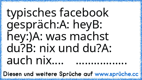 typisches facebook gespräch:
A: hey♥
B: hey:)
A: was machst du?
B: nix und du?
A: auch nix....
    .................