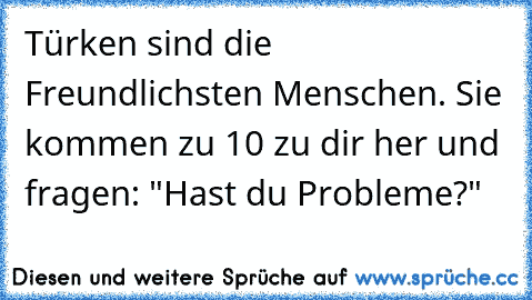 Türken sind die Freundlichsten Menschen. Sie kommen zu 10 zu dir her und fragen: "Hast du Probleme?"