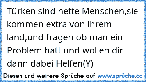 Türken sind nette Menschen,sie kommen extra von ihrem land,und fragen ob man ein Problem hatt und wollen dir dann dabei Helfen(Y)