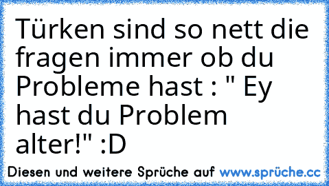 Türken sind so nett die fragen immer ob du Probleme hast : " Ey hast du Problem alter!" :D