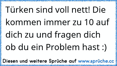 Türken sind voll nett! Die kommen immer zu 10 auf dich zu und fragen dich ob du ein Problem hast :)