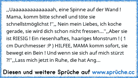 ,,Uaaaaaaaaaaaaaah, eine Spinne auf der Wand ! Mama, komm bitte schnell und töte sie schnellstmöglichst !''
,, Nein mein Liebes, ich koche gerade, sie wird dich schon nicht fressen...''
,,Aber sie ist RIESIG ! Ein riesenhaftes, haariges Monstrum ! ( 1 cm Durchmesser :P ) HILFEE, MAMA komm sofort, sie bewegt ein Bein ! Und wenn sie sich auf mich stürzt ?!''
,,Lass mich jetzt in Ruhe, die hat Ang...